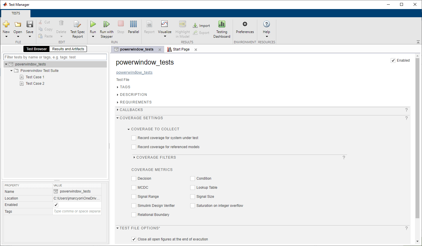 Simulink Test Manager showing an open test file, which contains one test suite titled Powerwindow Test Suite. The test suite contains two test cases.