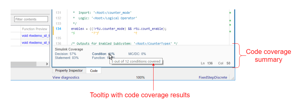 Code coverage summary section of the Code view. Labels show the summary section and a tooltip with coverage details.