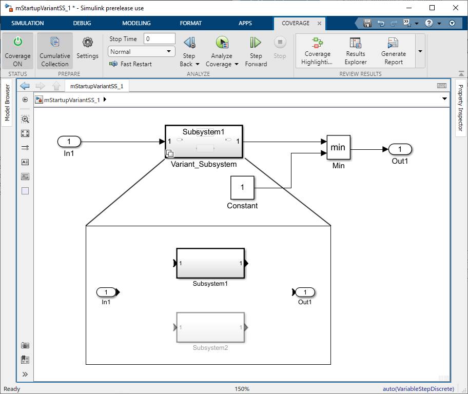 Simulink model containing a variant subsystem. A graphic shows that the variant subsystem expands into two variant choices.