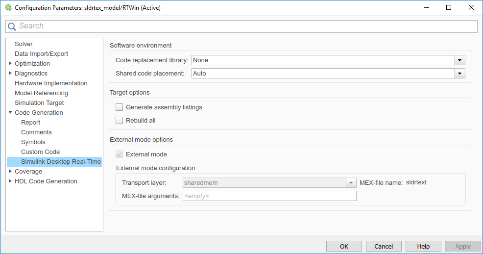 Image of configuration parameters window