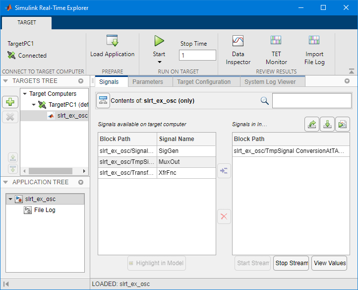 Image of Simulink Real-Time Explorer, Signals tab