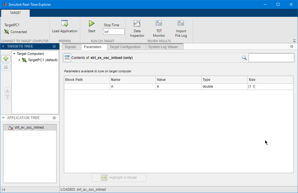 Image of slrt explorer tune inline parameters