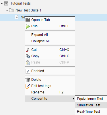 Test case context menu showing Convert to options