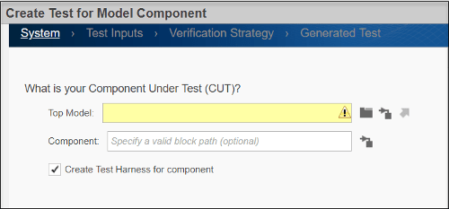 Wizard section showing fields to specify the model and component to test and whether to create a test harness.