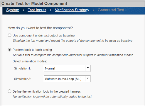 Wizard section showing options for how to test the component or model