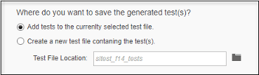Wizard section showing options to add tests to current file or create new test file