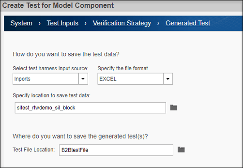 Wizard section showing options to specify file format and location to save test data.