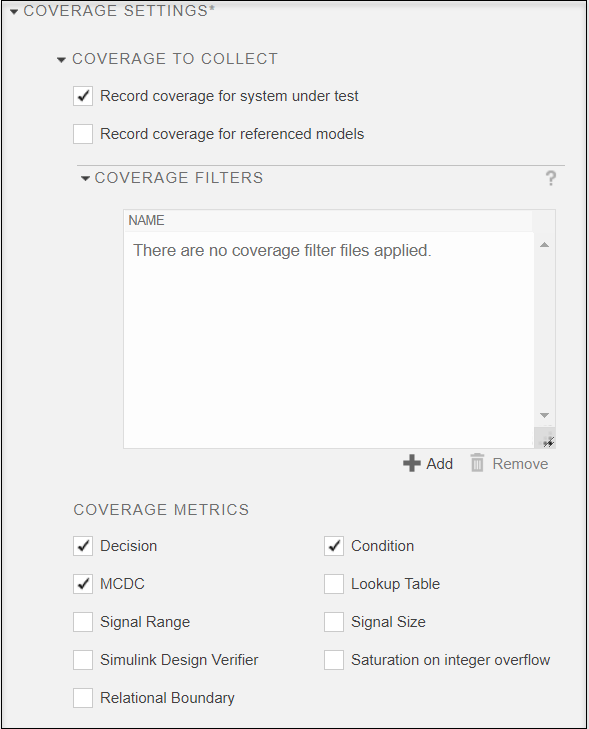 Coverage settings with record coverage for system under test selected