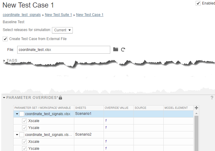 Test Manager wizard for importing an Excel file. Excel parameter values in the Parameter Overrides section of the Test Manager.