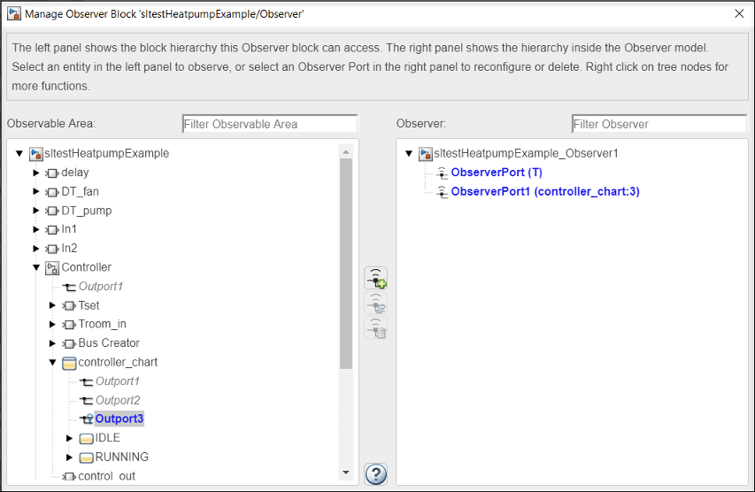 Manager observer block dialog box with mapped observer port blocks