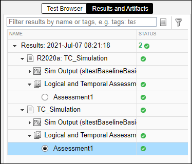 Pass-fail results for a single test case with an assessment run in the current release and in R2020a.