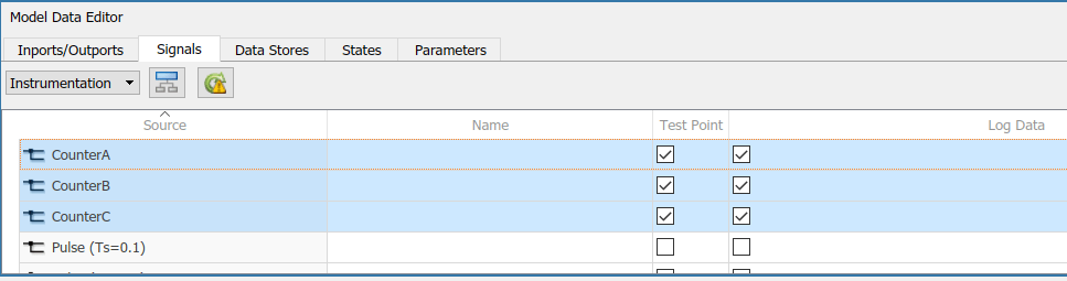 Model data editor with test points and log data selected
