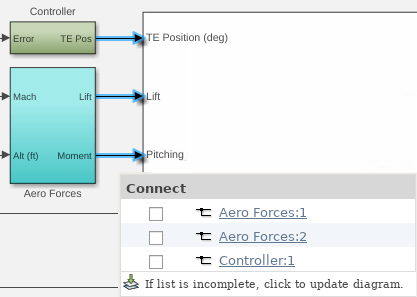 Highlighted blocks and Connect dialog box to select signals to log