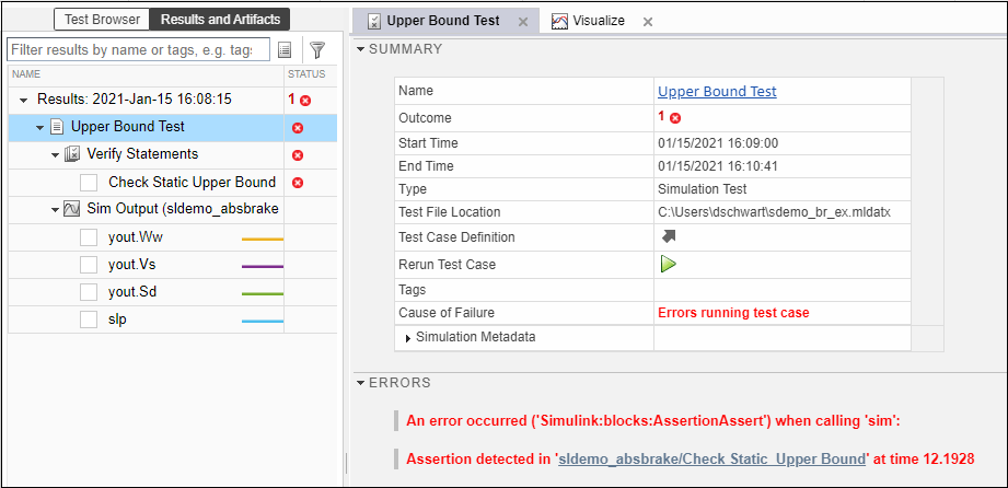 Assertion error information for upper bound test