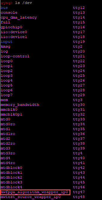 Result of ls/dev command.mwfpga_algorithm_wrapper_ip0 is highlighted.