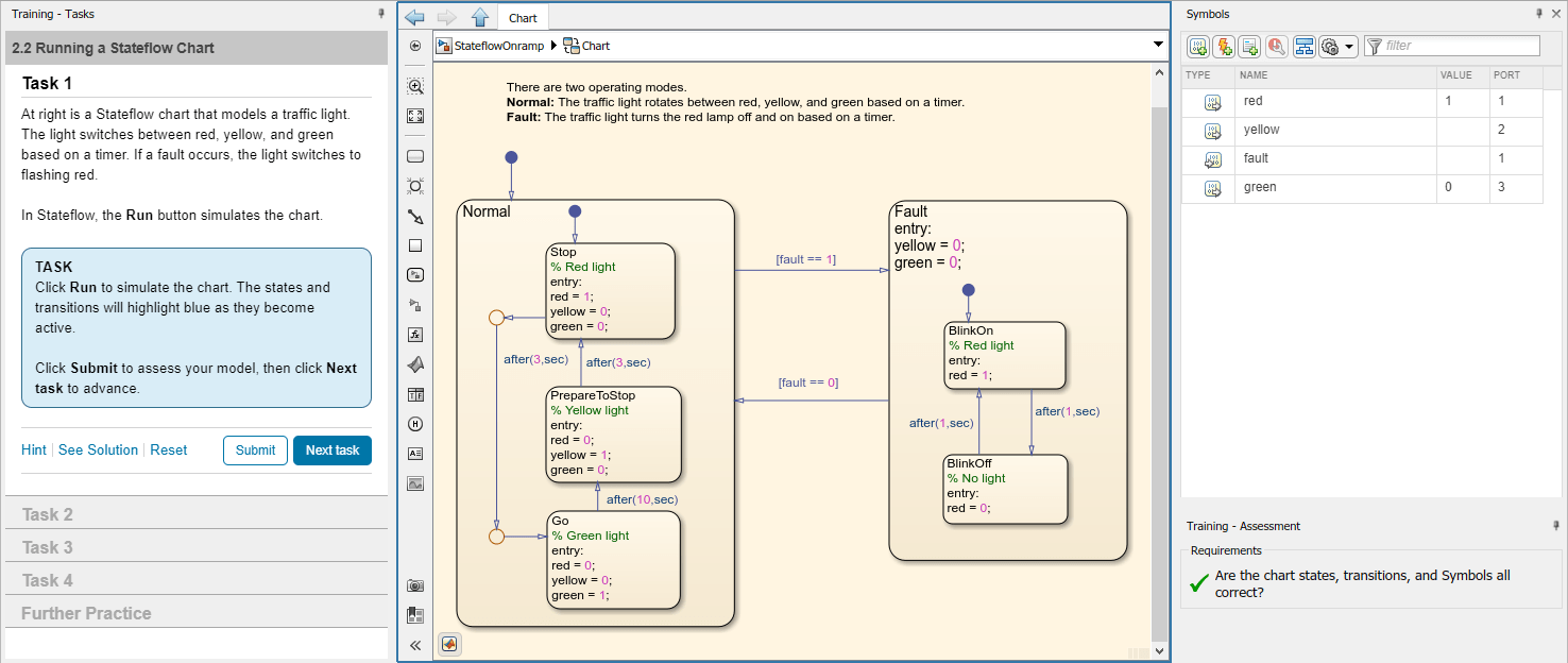 Stateflow Onramp describes the task, displays an interactive model, and assesses whether the model matches the requirements set by the training.