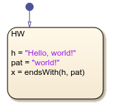 Stateflow chart that uses the endswith operator in a state.