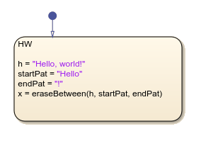 Stateflow chart that uses the erasebetween operator in a state.