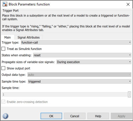 Block Parameters dialog box for Trigger port.
