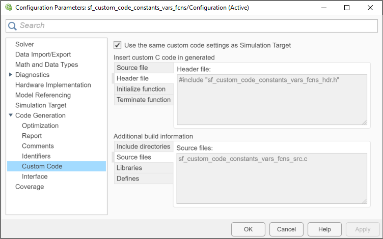 The Code Generation Custom Code pane of the Model Configuration Parameters dialog box, showing the same custom code settings specified in the Simulation Target pane.