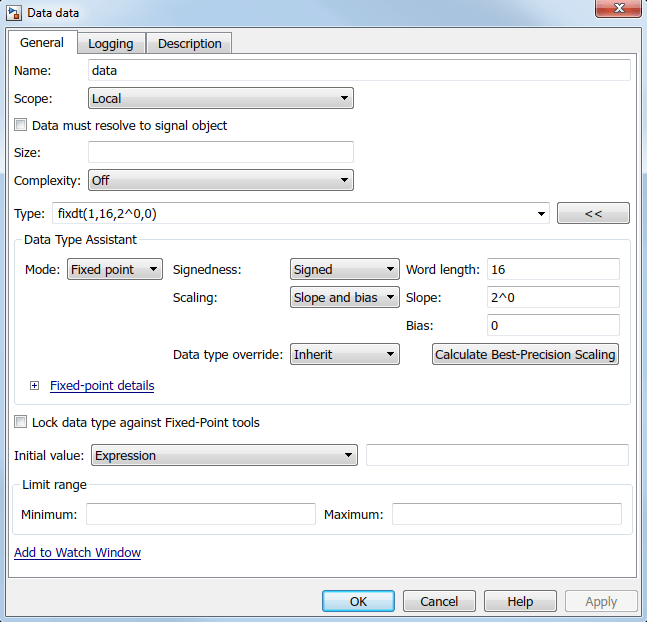 Data Type Assistant showing the fields used to specify fixed-point data.
