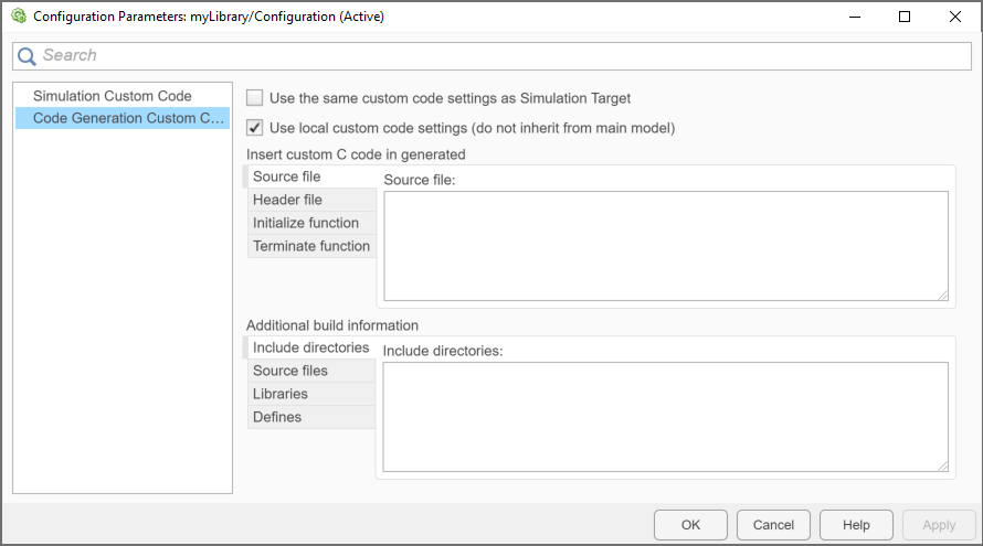 The Code Generation Custom Code pane of the Model Configuration Parameters dialog box, showing the default settings for a library model.