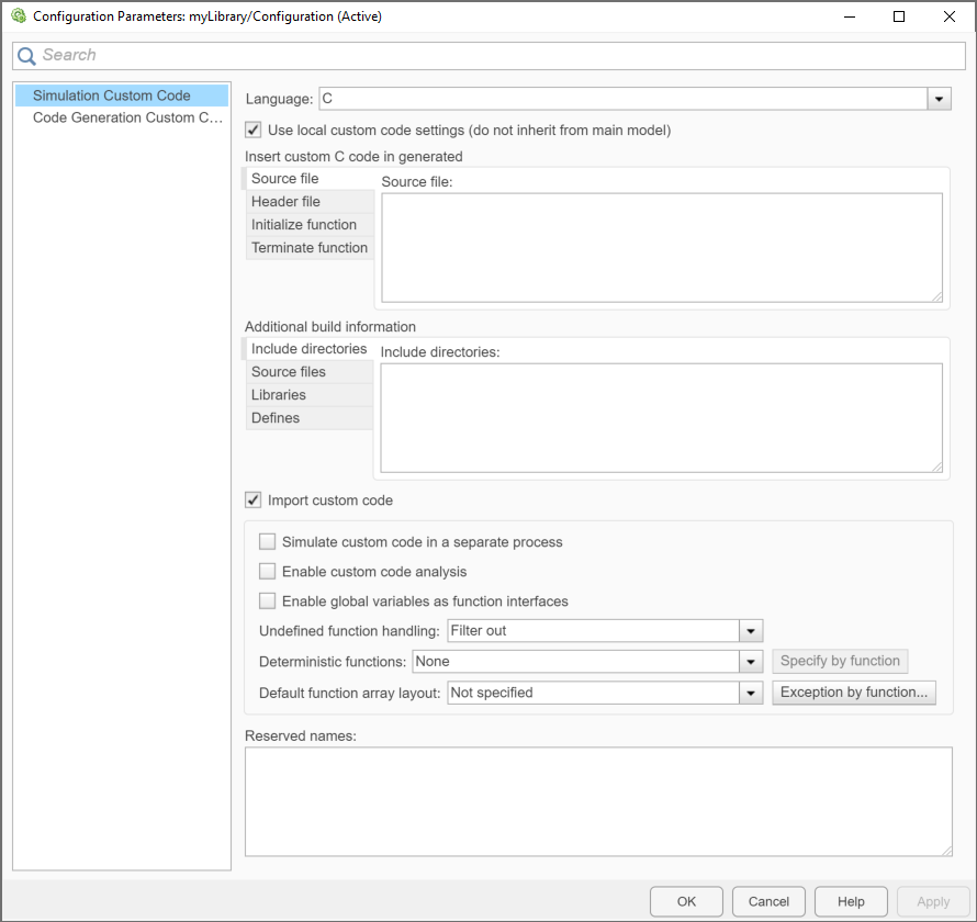 The Simulation Custom Code pane of the Model Configuration Parameters dialog box, showing the default settings for a library model.