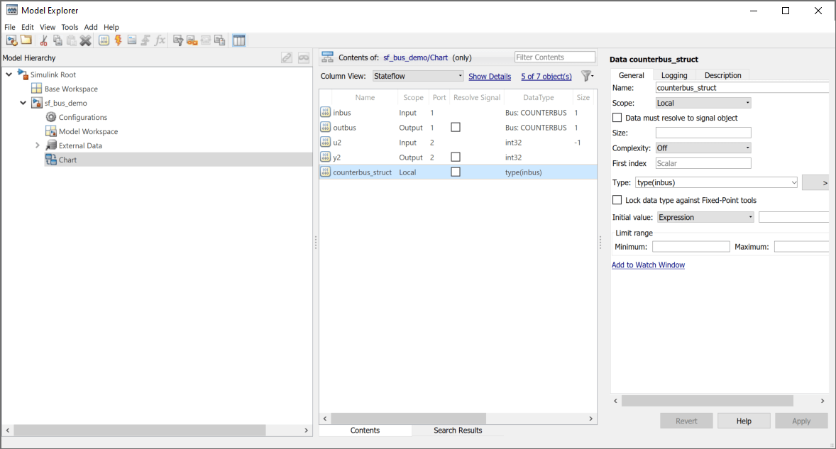 Model Explorer showing the specification for the data object counterbus_struct.