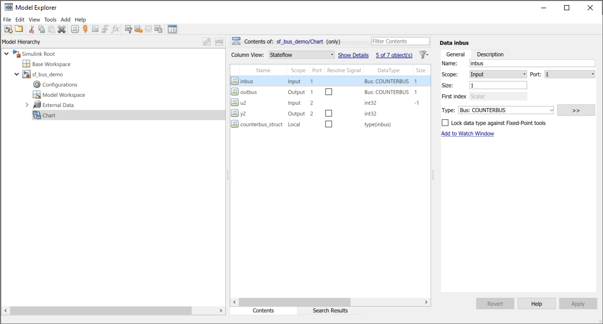 Model Explorer showing the specification for the data object inbus.