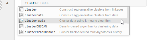 Drop down list showing suggested command completions. The third suggestion in the list is for the Cluster Data Task, and is selected.