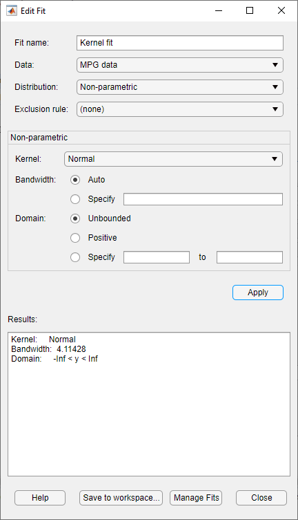 Edit Fit dialog box with nonparametric kernel distribution results for miles per gallon data