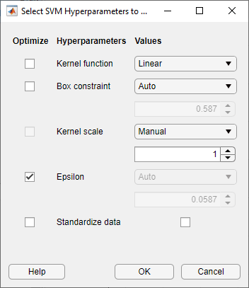 SVM hyperparameter optimization options