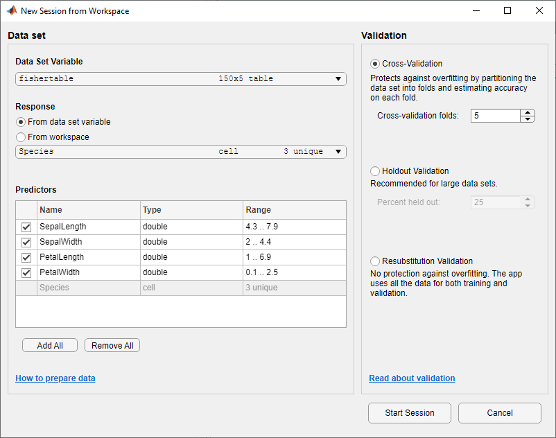 New Session from Workspace dialog box