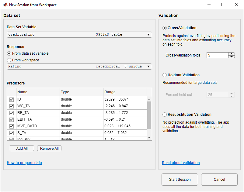 New Session from Workspace dialog box