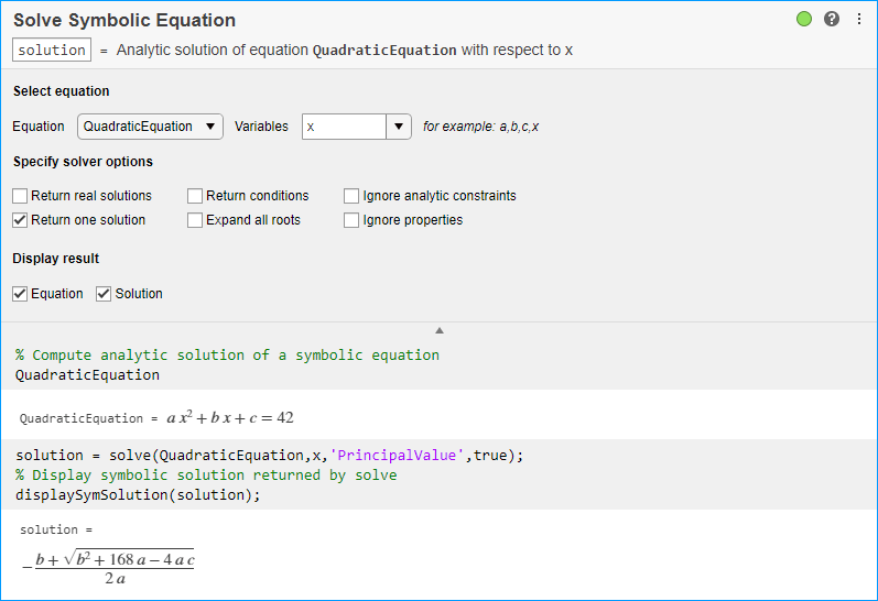 Solve Symbolic Equation task in Live Editor