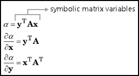 A picture of symbolic matrix variables that represent differentials with respect to vectors.