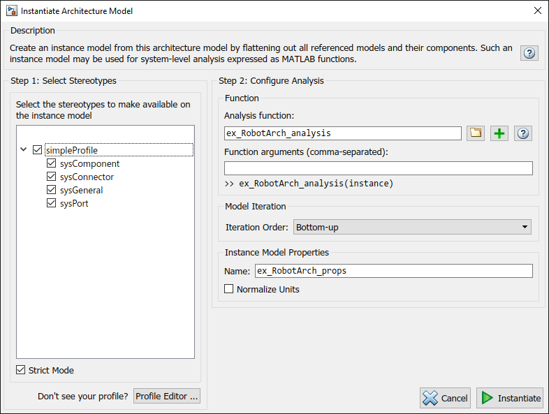 Instantiate architecture model screen with all stereotypes selected. Configure analysis to use iteration order pre-order.