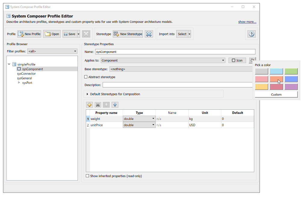 The System Composer Profile Editor with the option to colorize component stereotypes.