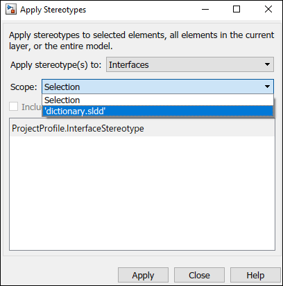 Apply stereotypes dialog displaying scope for selection, and dictionary.