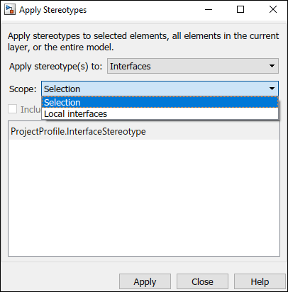Apply stereotypes dialog displaying scope for selection, and local interfaces.