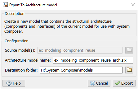Export to architecture model dialog specifying source model, architecture model name, and destination folder. Options are cancel and export.