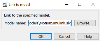 Link to model dialog with existing model name 'Motion Simulink'. Press Enter for OK.