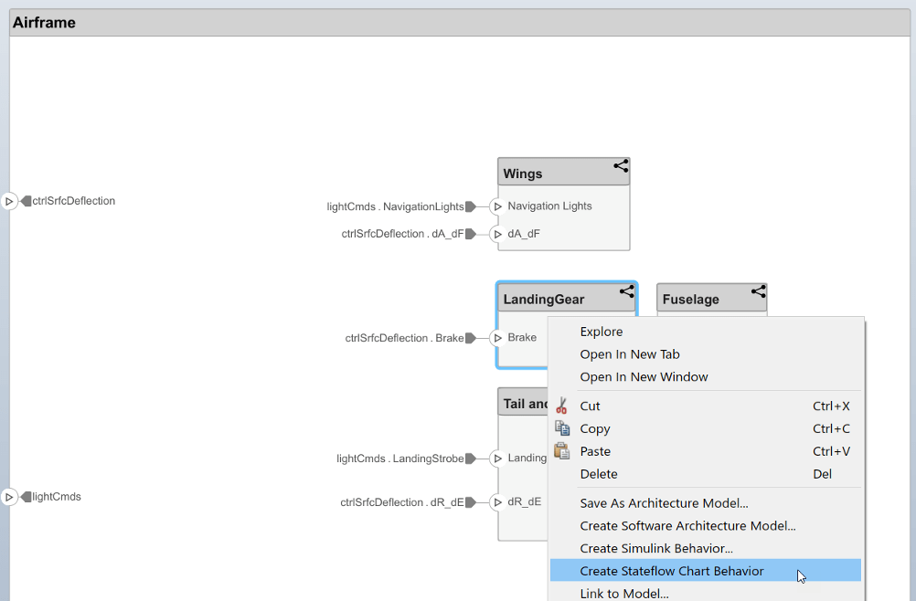 View of menu option for the landing gear component to create Stateflow chart behavior.