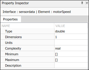 Properties for the interface element named 'motor speed' in the property inspector showing. Properties include Type as double, Dimensions as 1, Units as blank, Complexity as real, Minimum, which is empty, Maximum, which is empty, and Description, which is blank.