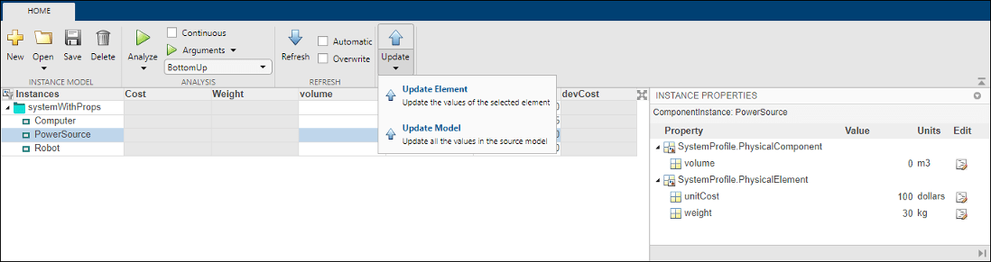 Select an element in the Analysis Viewer to see the drop down option under Update to Update Element.