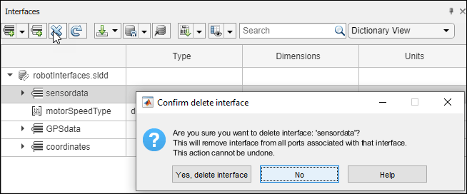 The 'sensor data' interface is selected. The confirm delete interface warning message says: Are you sure you want to delete interface: 'sensor data'? This will remove interface from all ports associated with that interface. This action cannot be undone. The default selection is No.
