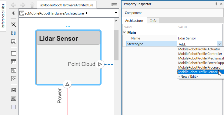 The Sensor stereotype is applied to the Lidar Sensor component using the Property Inspector.
