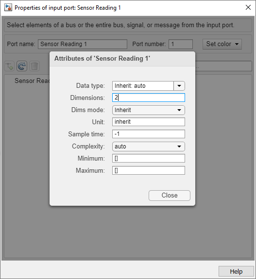 The properties of the input port sensor reading 1. The dimensions attribute is set to 2.