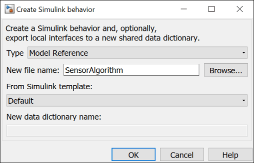 The create Simulink behavior dialog for the Sensor Algorithm component.
