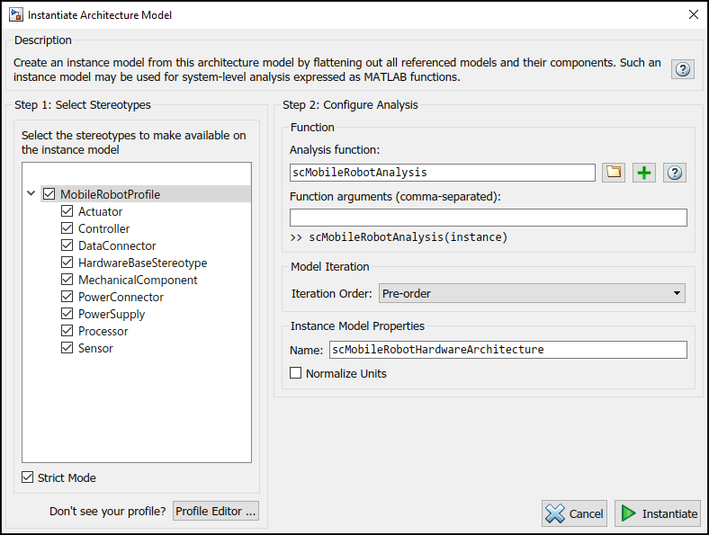 The instantiate architecture model screen shows the analysis function defined and all stereotypes selected.